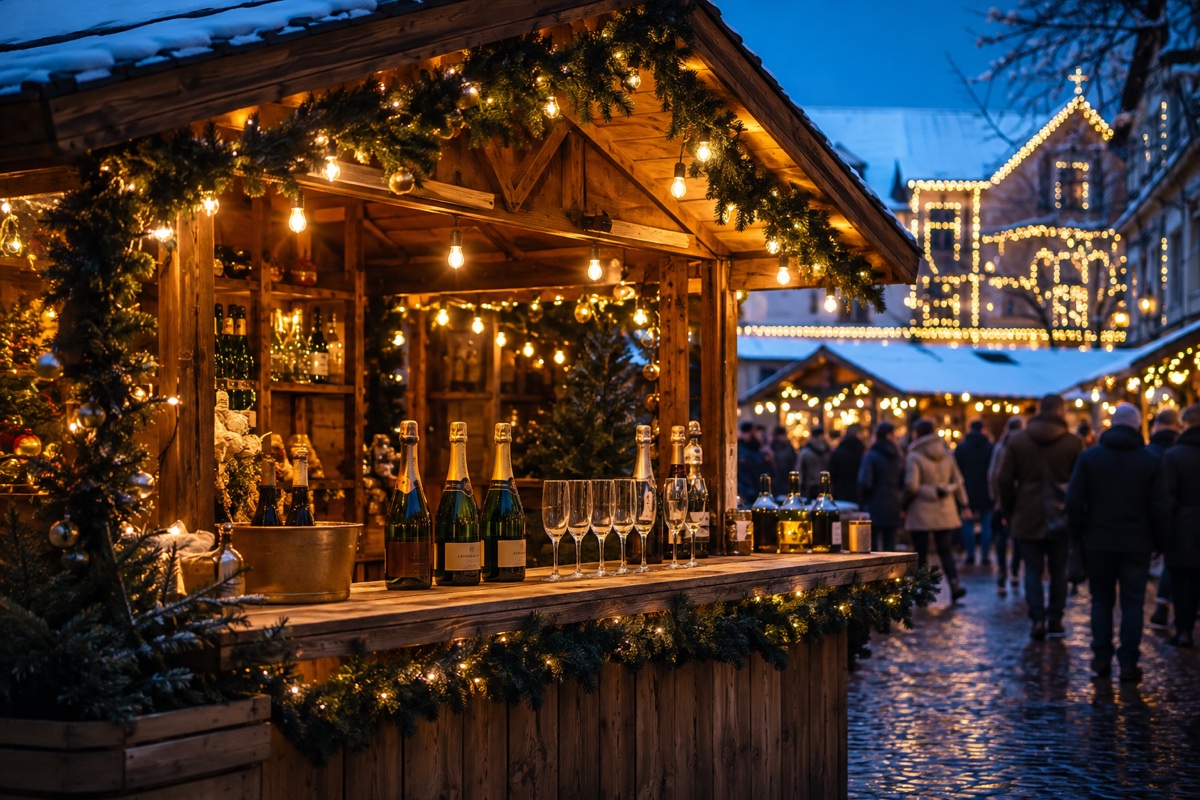 Marché de Noël avec un chalet décoré et des bouteilles de champagne